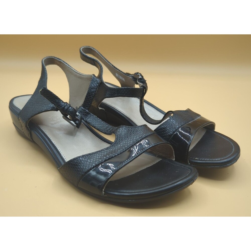 Ecco Touch T-Strap Wedge Black Sandal Womens Sz US 8.5 EU 39 Textured Snake